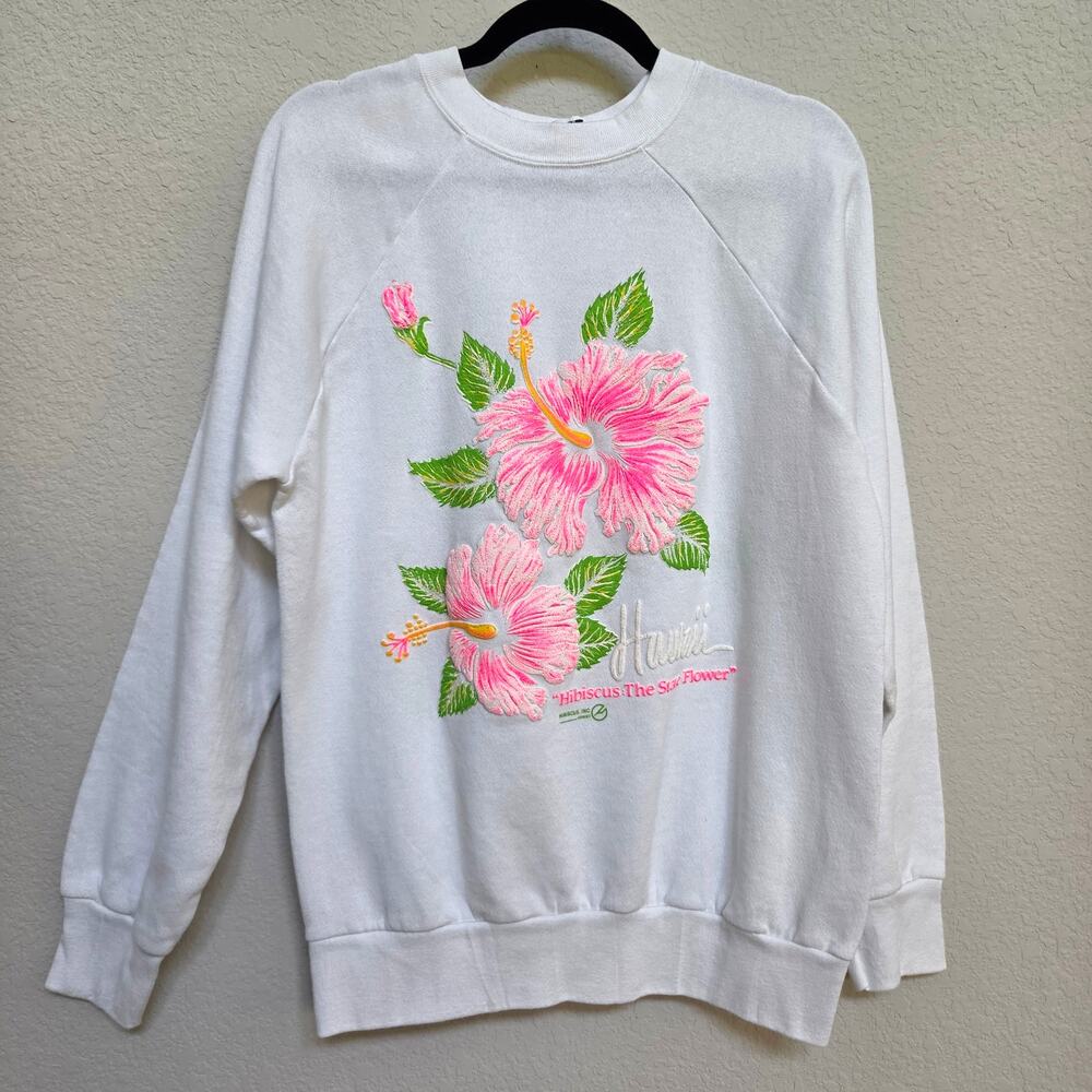 Vintage Hawaii Sweatshirt Womens M / L 80s Signal Hibiscus Floral White Pink